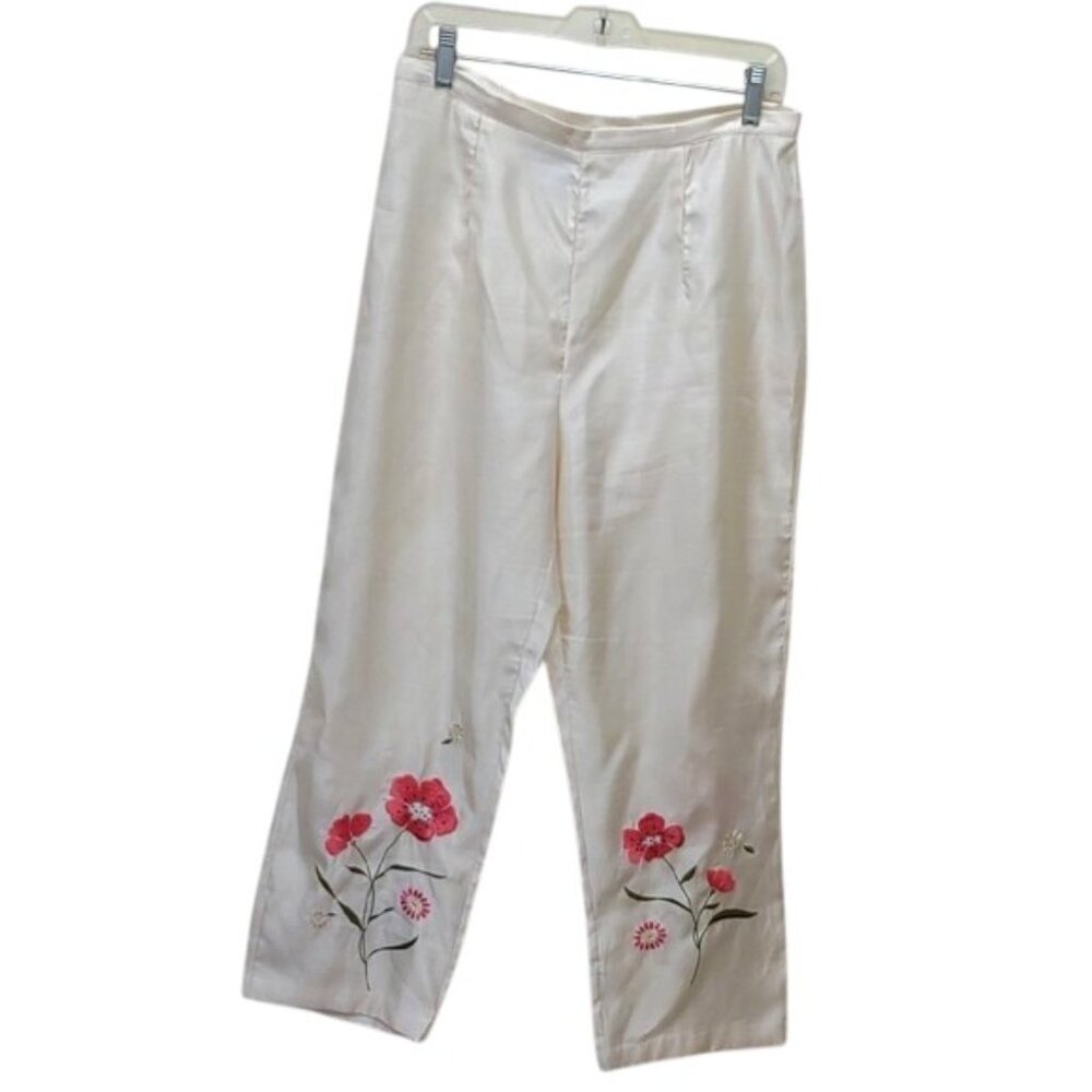 Dressbarn Women's Cream Floral Embroidered Faux Silk High Waist Ankle Pants
